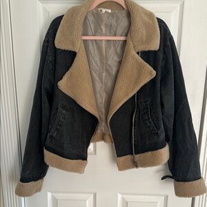 Black denim and Tan faux shearling trim Women's Jacket